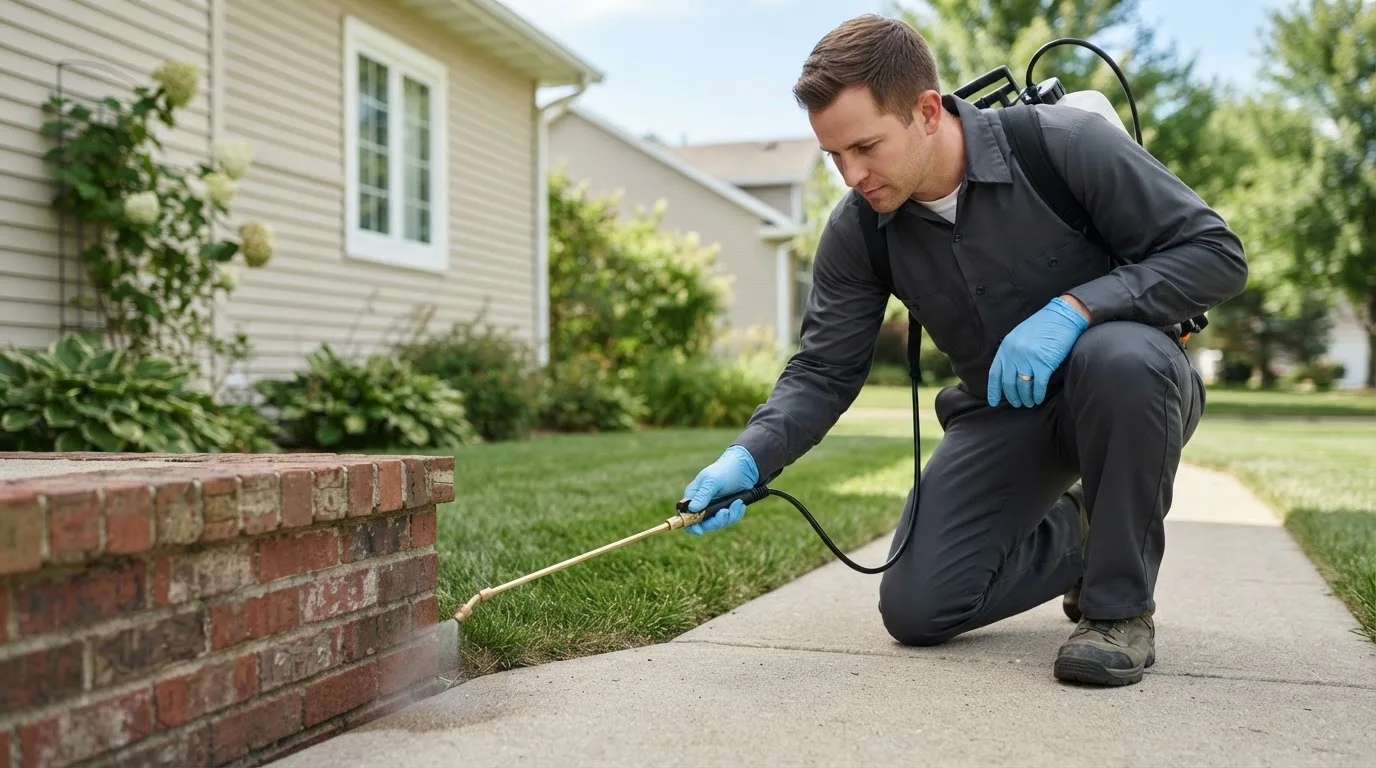 Pest control technician treating a home near De Pere, WI