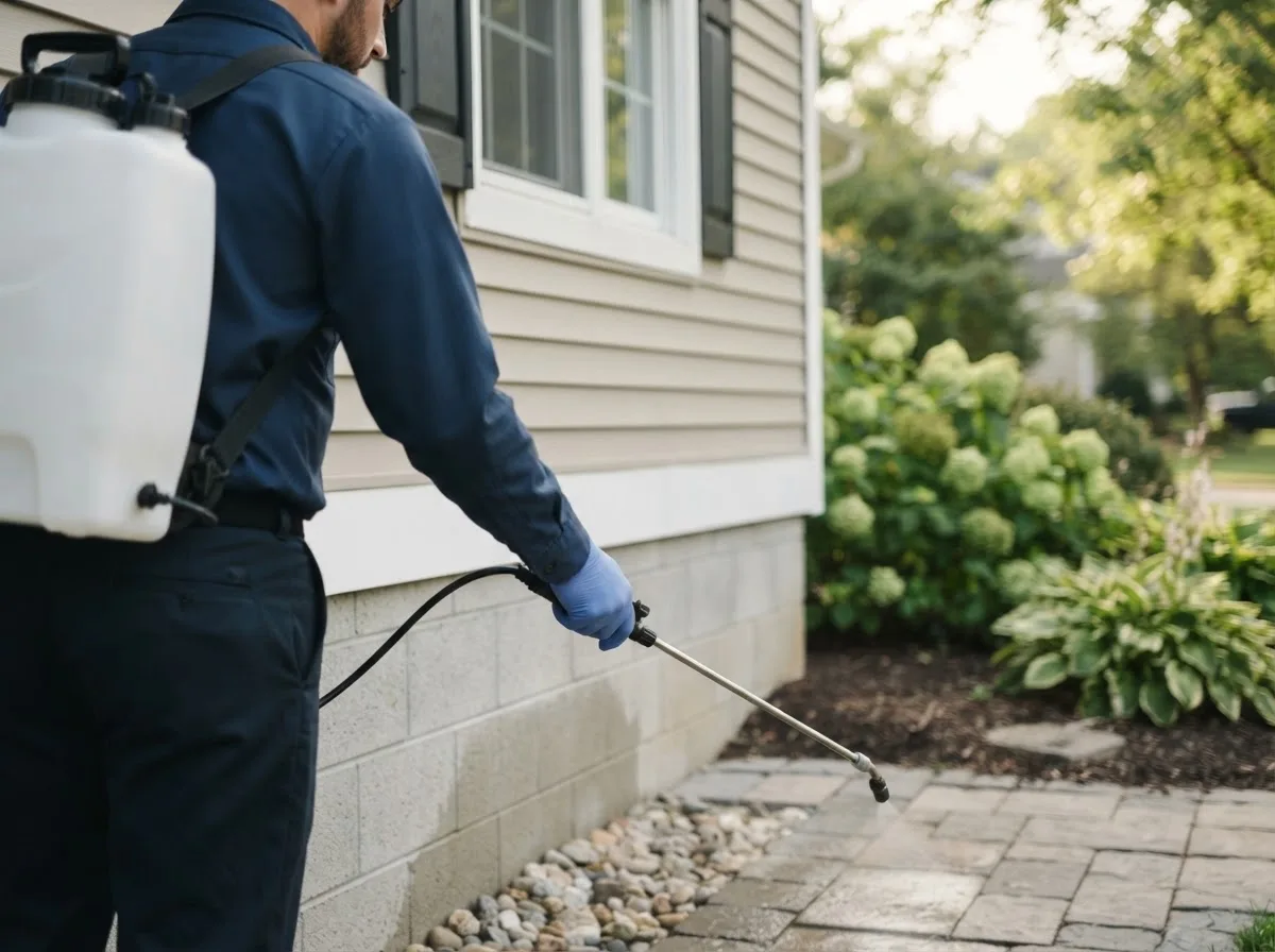 Pest control technician inspecting a home in De Pere, WI